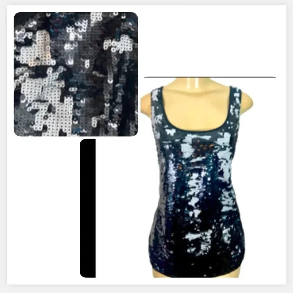 EXPRESS SEQUIN TOP SLEEVELESS SILVER BLACK & WHITE STRETCH‎ HOLIDAY SIZE MEDIUM
